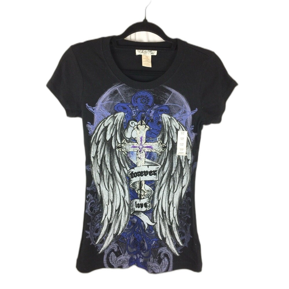 Twisted Courtesy Junior’s Graphic Print T Shirt Black Glitter Sleeve Size S New